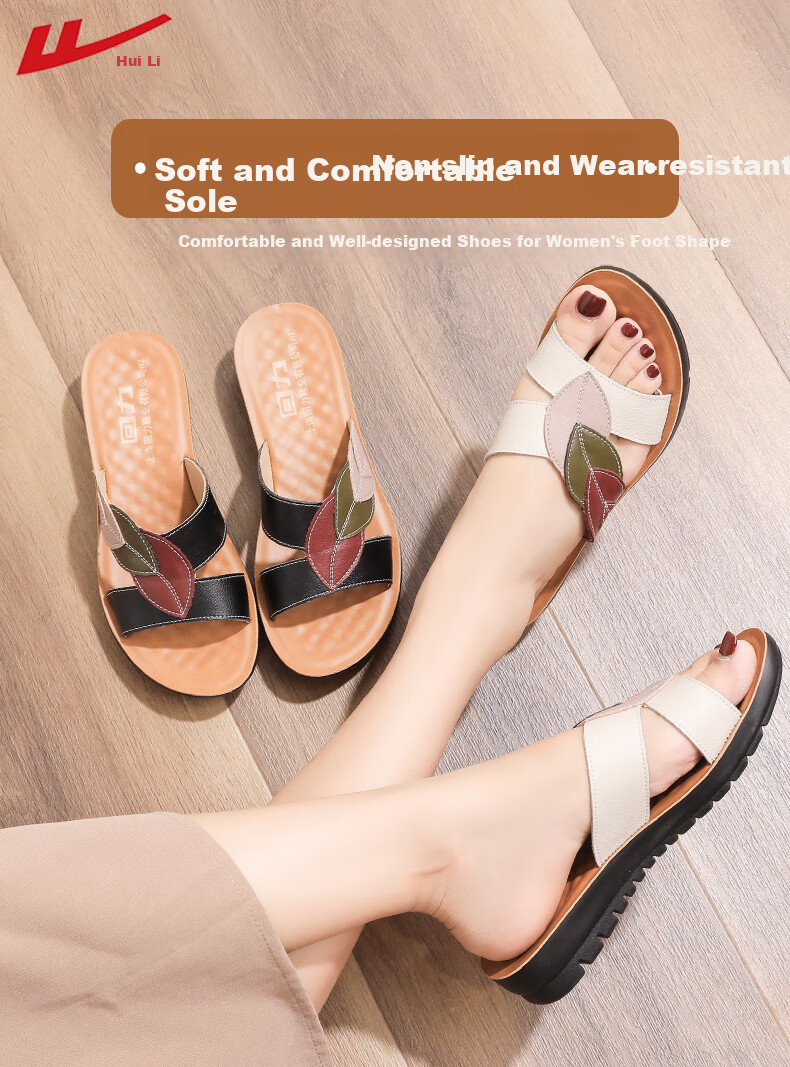 Huili Mom's Sandals for Middle-Aged And Elderly Women, 2026 New Summer Style, Soft-Soled Genuine Leather Slippers for Seniors, 0680 Beige, Size 35 1