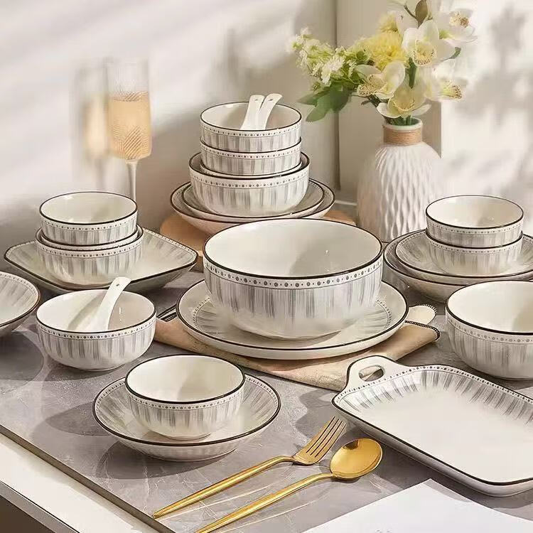 CERAMICS Underglaze Ceramic Tableware, Japanese-Style Home Bowl And Chopsticks Set, Housewarming Gift, Blue Line Design, 42-Piece Gift Box Set for Mid-Autumn Festival