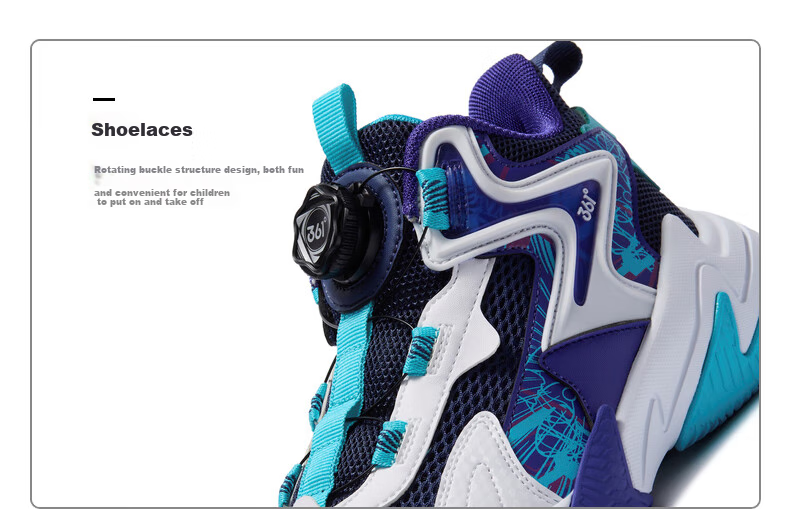 361° Children's Sports Shoes, All-Season Youth Basketball Shoes, Durable Training Sneakers with Rotary Buckle, Blue, Size 35 33