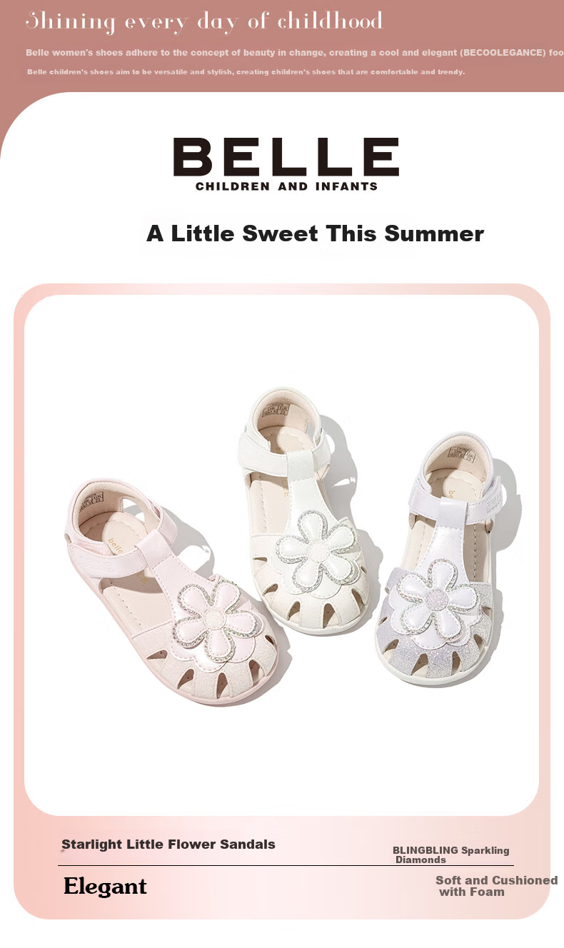 Belle Children's Shoes, Girls' Closed-Toe Sandals, Summer Soft-Soled Walking Shoes for Kids, Fashionable Princess Shoes for Toddlers, Pink, Size 30 1