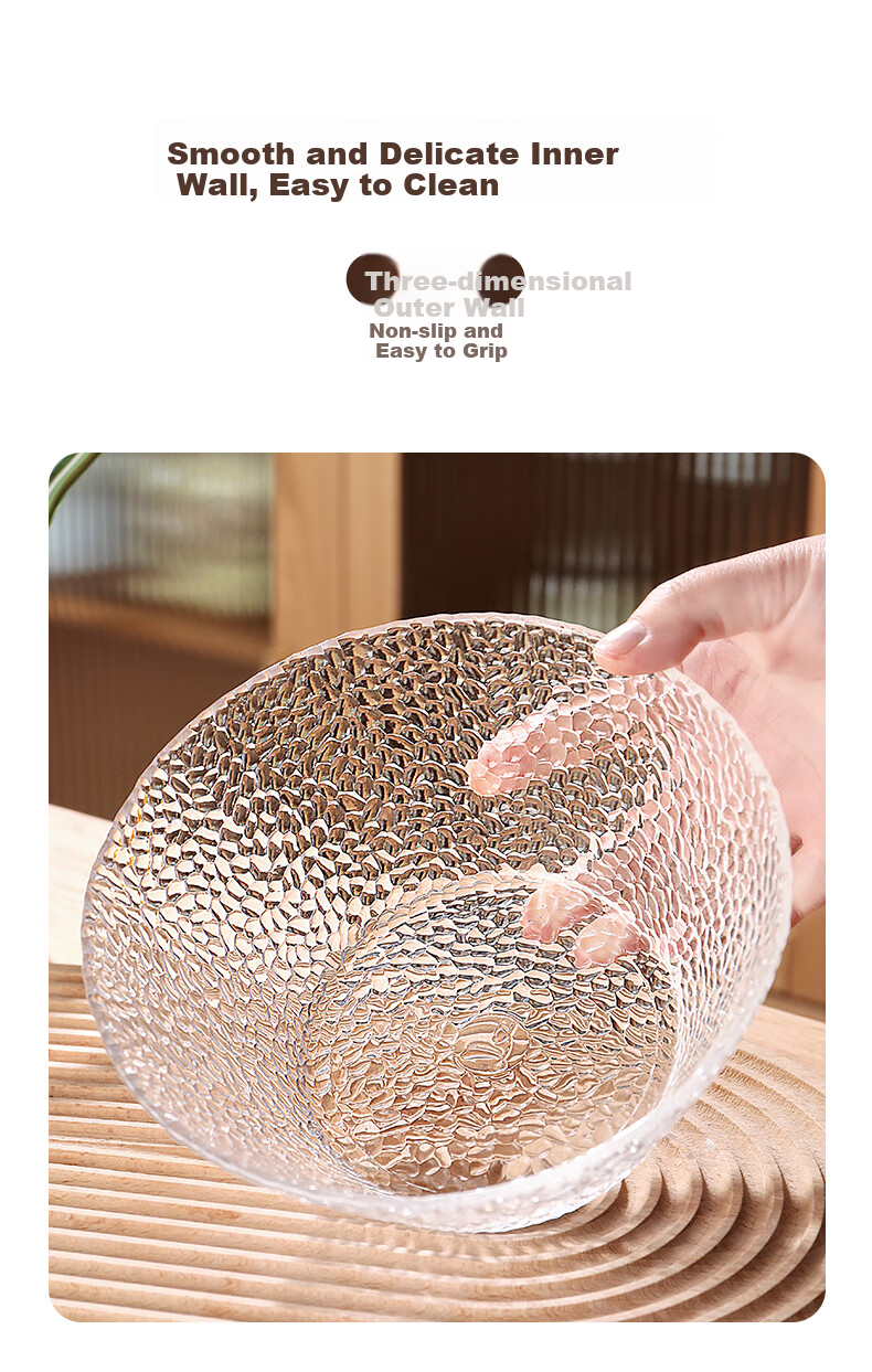 CRISTALGLASS Glass Salad Bowl, Hammered Texture Transparent Glass Bowl, Cold Dish Vegetable Fruit Plate, Dessert Bowl, Tableware, Large Size 1600ml 6