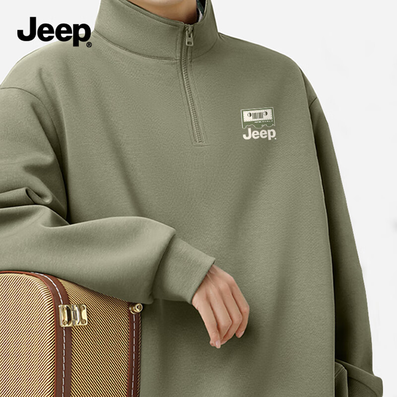 JEEP Men's Heavyweight Pullover Hoodie Spring Autumn Stand Collar Half-Zip Breathable Skin-Friendly Cotton Sweatshirt W Bean Green M