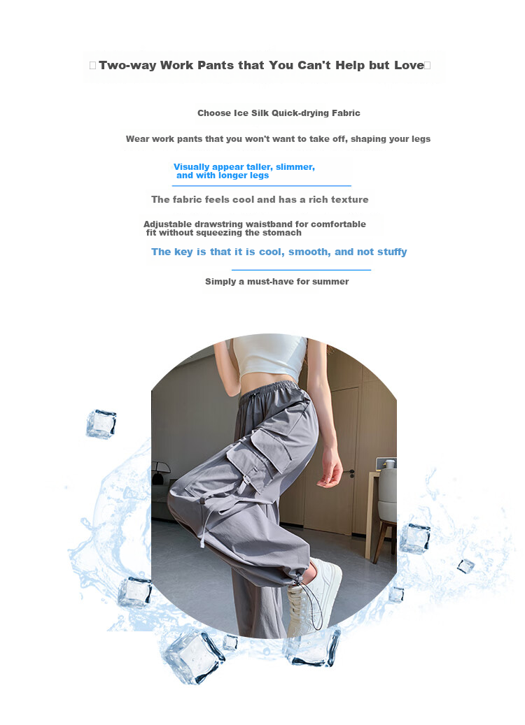 Women's Free Style Cargo Pants Summer Thin Ice Silk Quick-Dry Paratrooper Hiking Pants 2026 New High-Waist Slim Casual Wide-Leg Pants 2