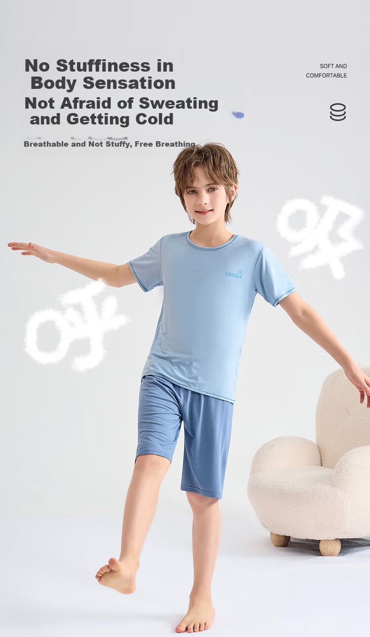 LangSha Children's Pajamas for Boys, Summer Thin Breathable Short-Sleeve Sleepwear Set Suitable for Older Kids, Green, Size 120 2
