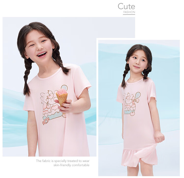 THREEGUN Kids Cooling Modal Anti-Mite Antibacterial Girls Moisture-Wicking Short Sleeve Nightdress Light Pink 110 9