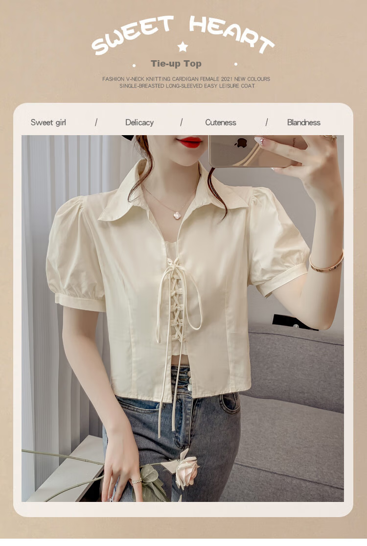 JEANSWEST Women's Summer 2025 Loose Puff Sleeve Short Sleeve Crop Shirt White L 1