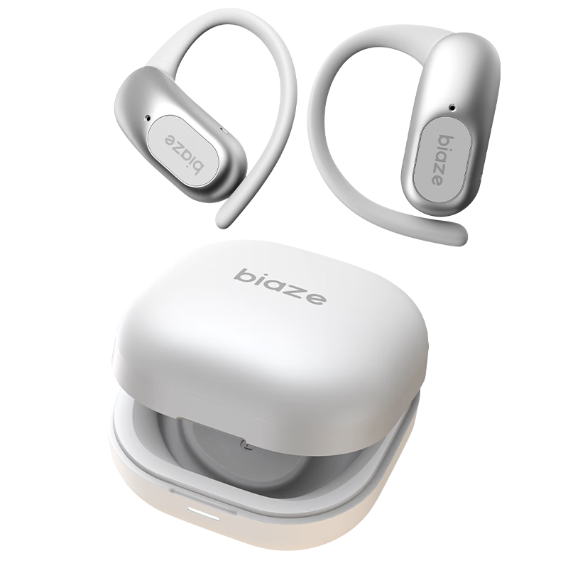 BIAZE Bluetooth Headphones, Ear-Hook Open-Style Bone Conduction Concept True Wireless Non-In Fashionable Compact Design for Sports Running Cycling Leisure Long Battery Life White