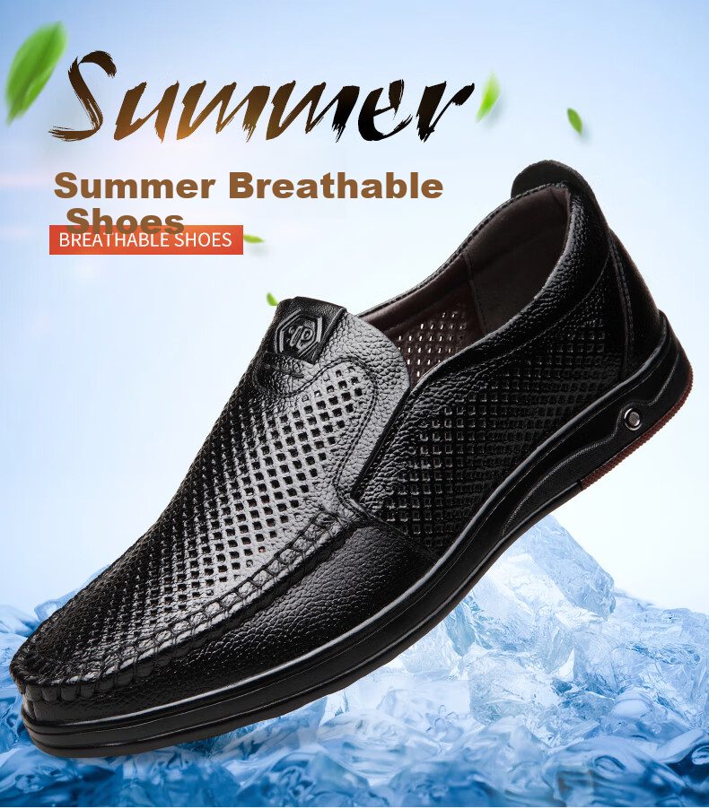 MEXICAN Business Casual Top-Grain Leather Shoes, Men's Formal Shoes, Hollow Breathable Slip-On Loafers, Large Size Shoes, Black, Size 41 1