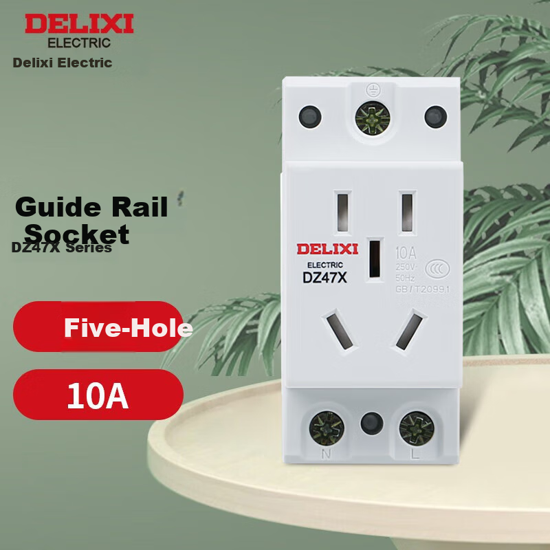DELIXI ELECTRIC DIN Rail Socket DZ47X Modular Five-Hole Socket Single-Phase Two-Pole 10A + Single-Phase Two-Pole with Ground 10A