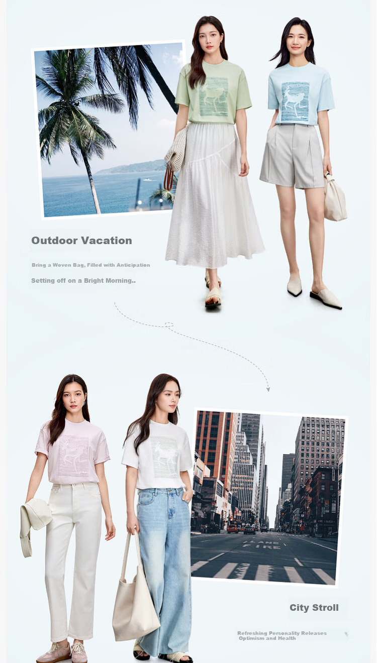 Shangdu Bila Cotton Casual Versatile Youthful T-Shirt Women Summer New High-End 3D Embossed Print Drop Shoulder Short Sleeve Top 11