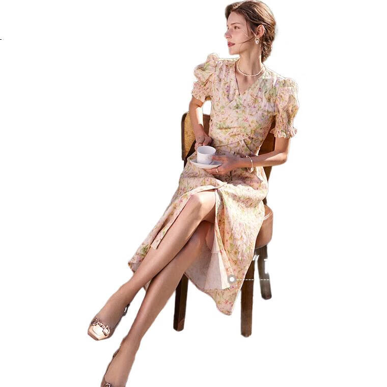 Olrain Floral Short-Sleeve Dress for Women, Summer Wear, Waist-Cinching Slimming A-Line Petal Skirt, Floral Pattern, Size L