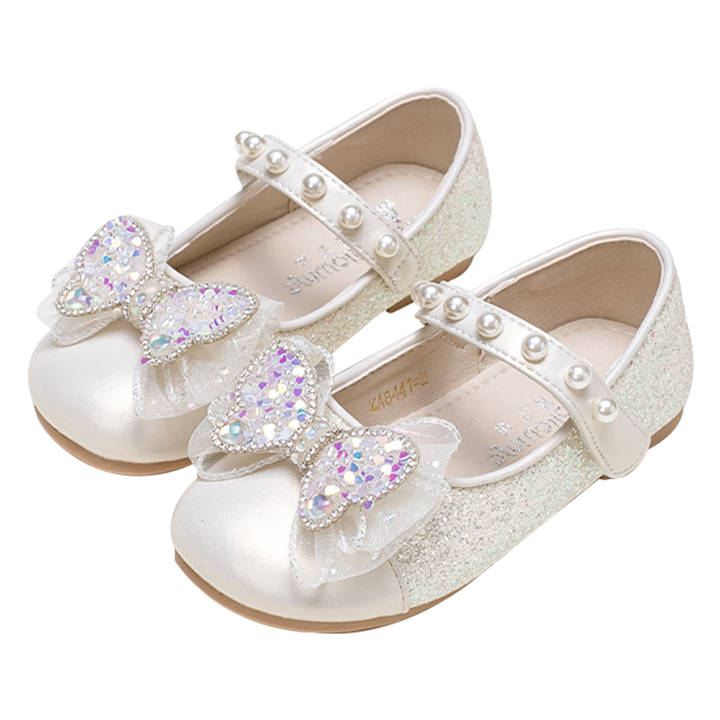Follow Me Girls' Sequin Bow Flats Princess Shoes with Soft Soles And Breathable Design for Performances And Formal Occasions, Apricot Color, Size 29