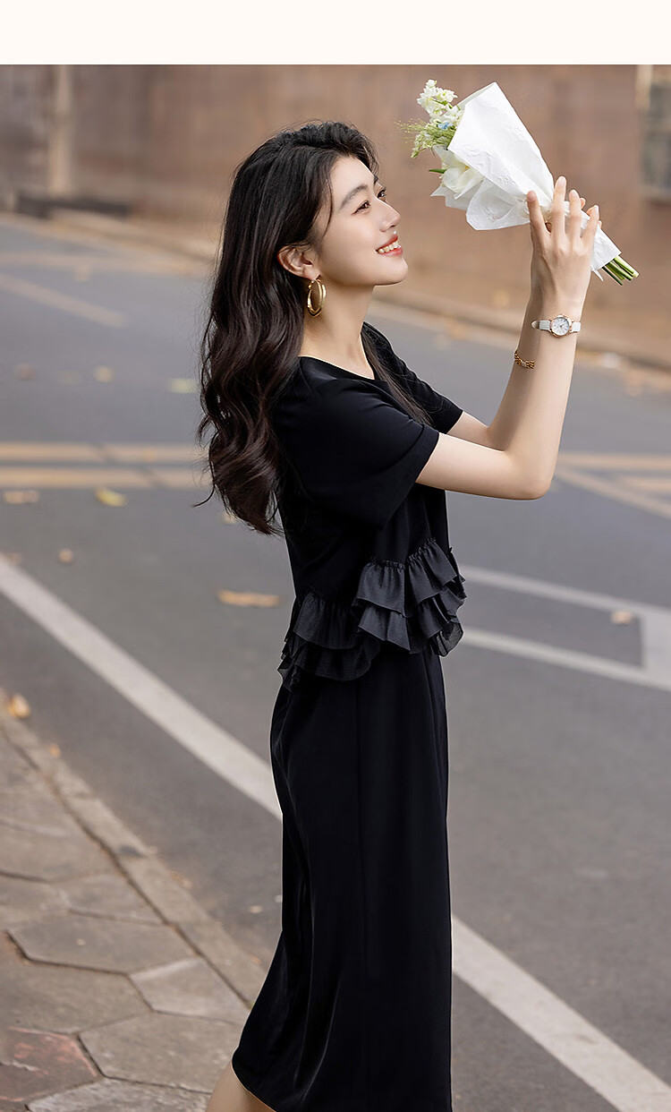 Demana Elegant Faux Two-Piece Summer 80D Textured Ruffle Splice Back Hidden Zipper Mid-Length Women's Dress 15