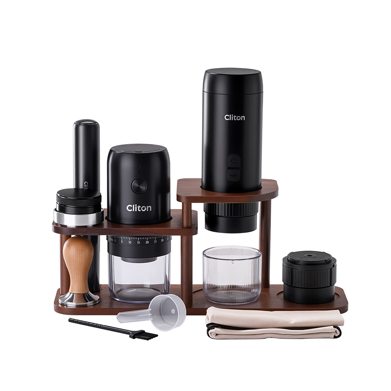 CLITON Portable Coffee Machine Set with Car Wireless Handheld Italian Espresso Grinder, Milk Frother, Storage Wooden Stand, 9 Pieces