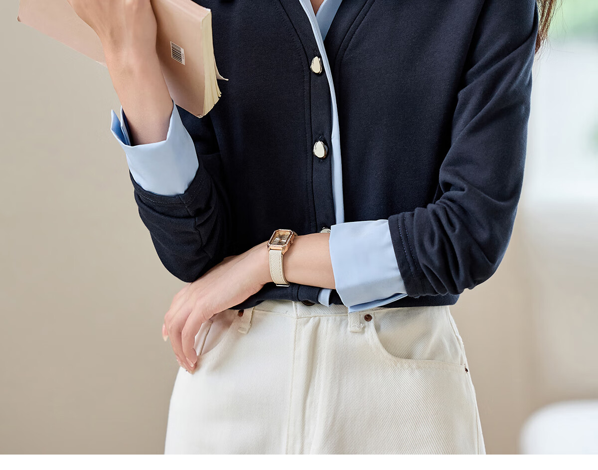 PinCai Women's Long Sleeve Shirt Color-Block Design Fake Two-Piece Layered Stylish Top P53S046 26
