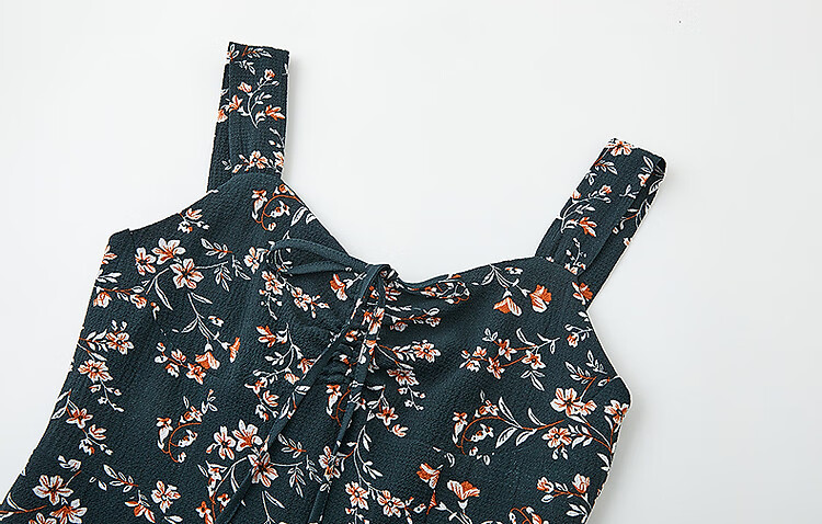 Dme [Xiao Xing Gan "Da Ji" Dress], Summer Holiday Style, Small Floral Print, Spaghetti Strap, Bodycon, Waist-Cinching Women's Dress 7