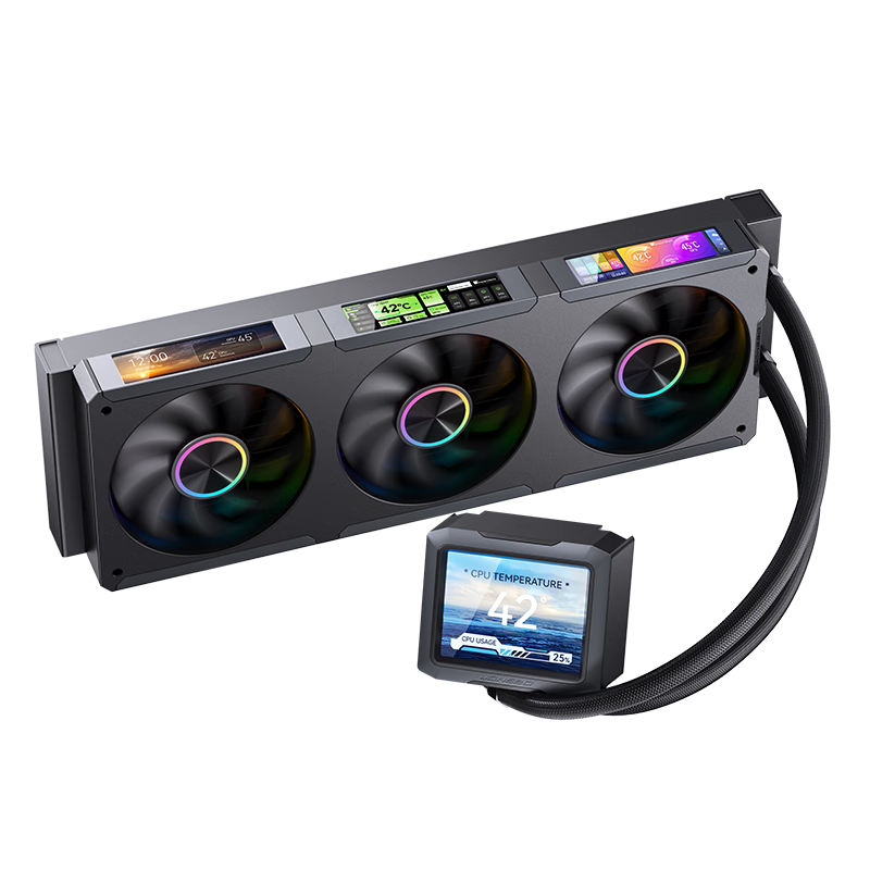 JONSBO TF3-360SC Black, All-In CPU Liquid Cooler (3.5-Inch Square Screen/Integrated Fan/3.38-Inch*3 Fan Screen/Custom Software/Magnetic Screen)