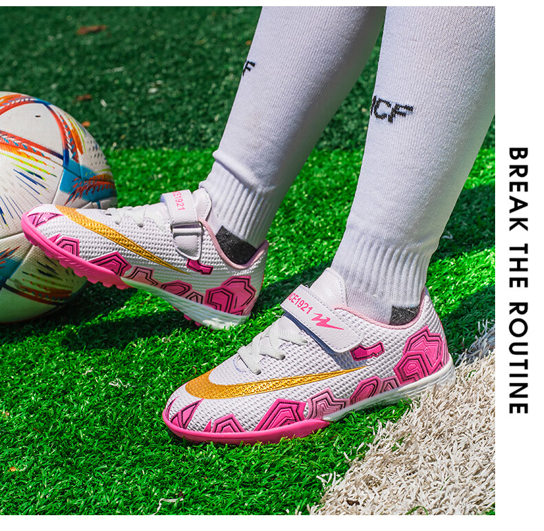 Shuangxing Children's Soccer Shoes, TF Turf Cleats, Summer Student Youth Big Kids Lightweight Non-Slip Wear-Resistant Football Boots, White And Pink, Size 34 15