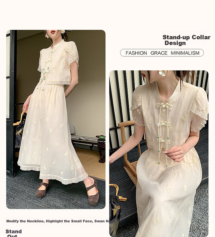 Dme [Xia Guo Feng Xing Zhong Shi] Summer Chinese Style New Chic Mandarin Collar Petal Sleeve Set Embroidered Two-Piece Women's Outfit, Off-White, S 5