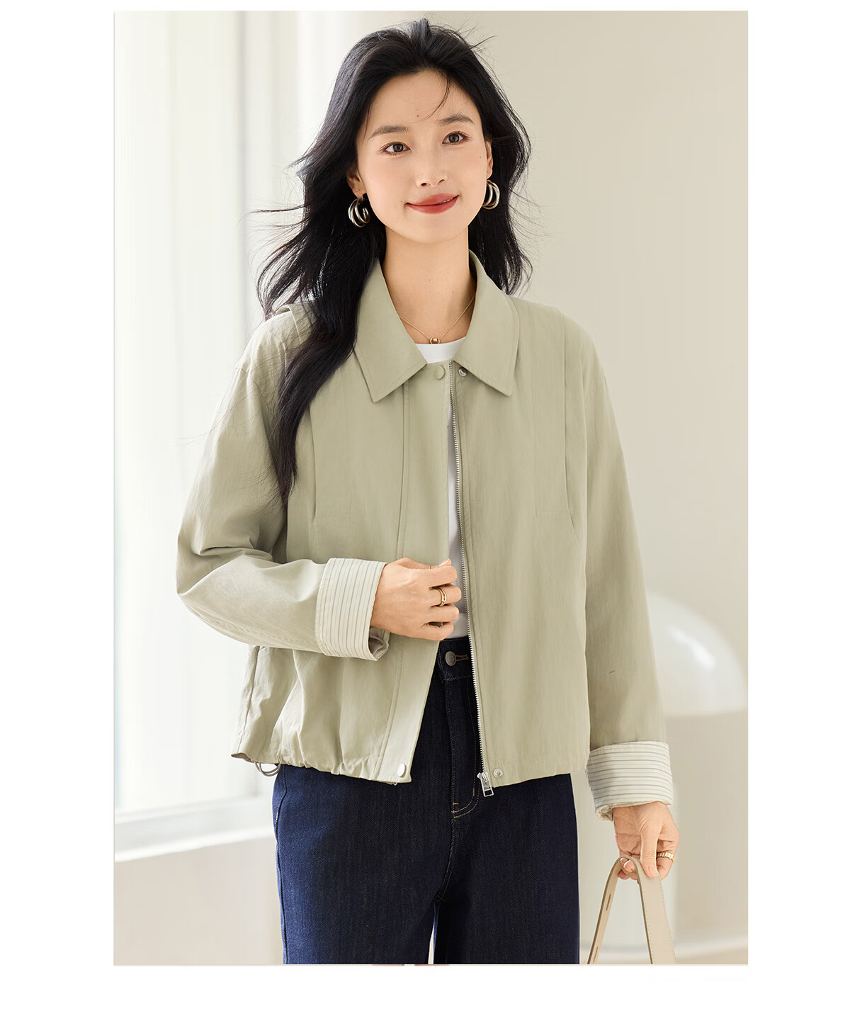 Chushen Spring Autumn Casual Jacket for Women Fashion Lapel Decorative Lines Simple Short Petite Coat Top S53D016 10
