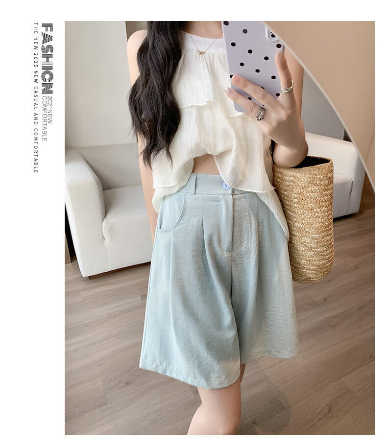 LangSha Milk Puff Suit Shorts for Women, Ice Silk Summer New High-Waist Loose Casual Mid-Length Pants, Relaxed Loose-Fitting Five-Point Shorts 19