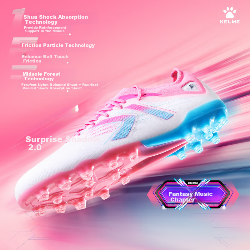 KELME Adult Soccer Cleats, Lüying 2.0 MG Professional Competition Short Studs, Artificial Grass Daily Training Shoes, White Pink, Size 42