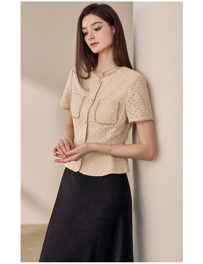 ROEYSHOUSE Lace Waist-Cinching Short Jacket for Women Summer Elegant Slim Ruffle Hem Top 11908 Apricot M 7