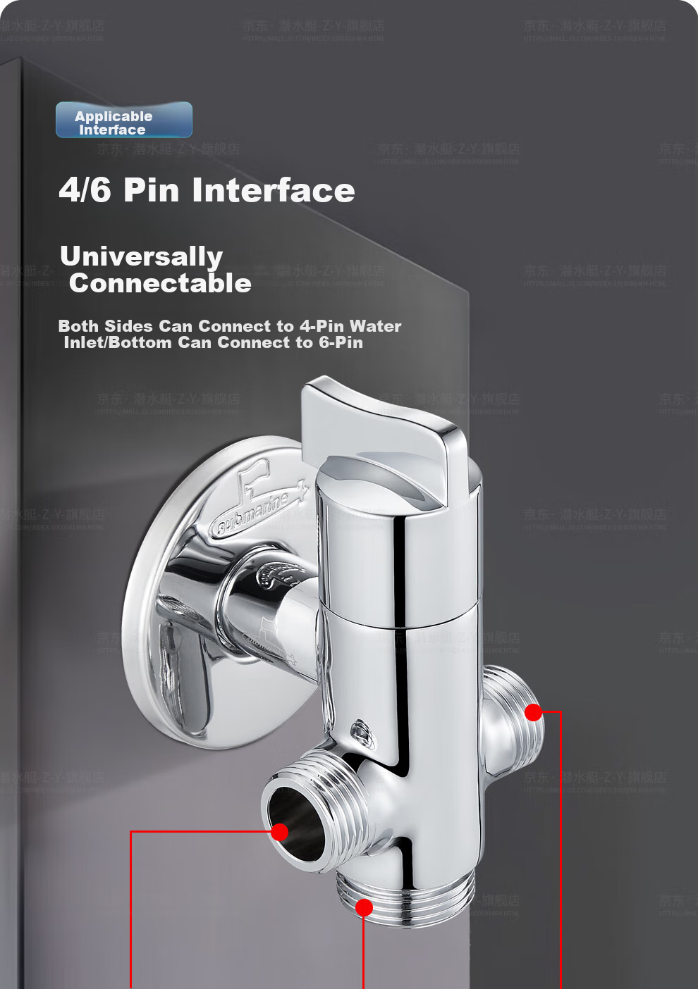 Submarine F2404, One-In Three-Out Angle Valve, Four-Way Thickened Brass Chrome-Plated Ceramic Valve Core, Double 4 Points Single 6 Points Outlet 9