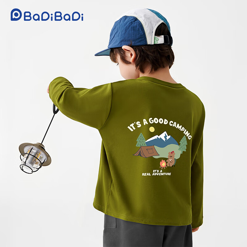 Badibadi Autumn New Baby Boys Pure Cotton Long Sleeve T-Shirt Base Shirt Grass Green Happy Letter Camping Bear Yellow Size 100