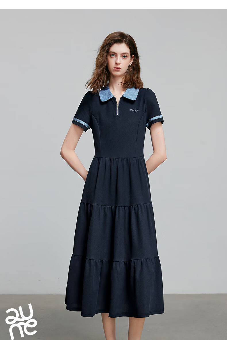 Chuyu Age-Reducing Retro 2025 Summer New Color-Block Polo Collar Dress for Women with Spliced T-Shirt Skirt, Floral Gray, S 5