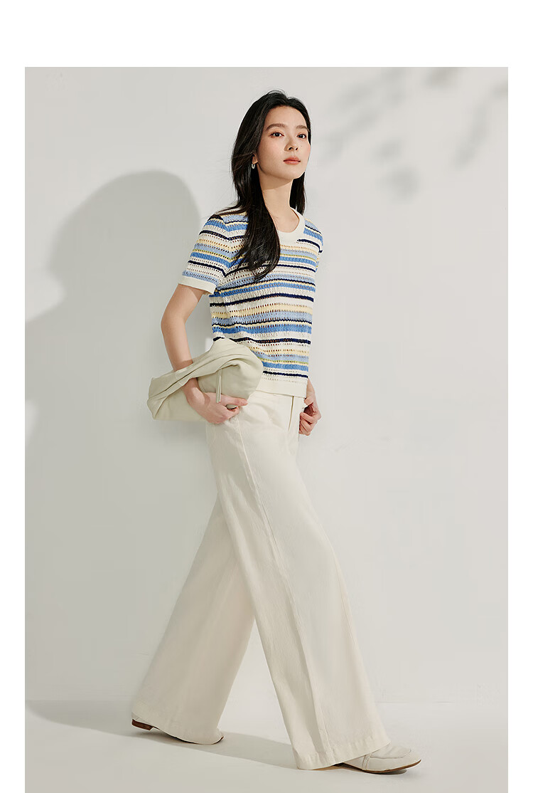 INMAN [Showroom Style] Suoluna Cool-Feeling Striped Short-Sleeve Women's Top, Summer 2026 Knitted Sweater, Yellow, Size L 20