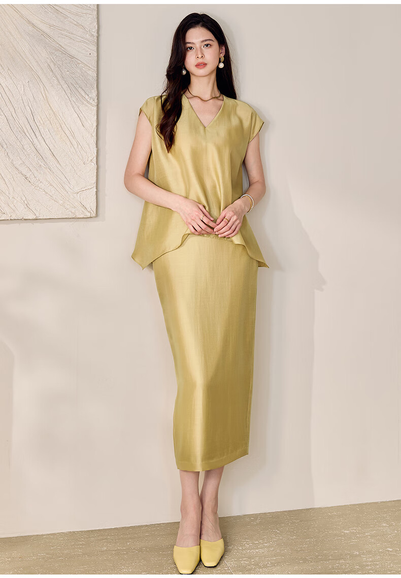 ROEYSHOUSE Women's Summer Casual Slim V-Neck Tie Two-Piece Set Top and Skirt 12233 Yellow M 4