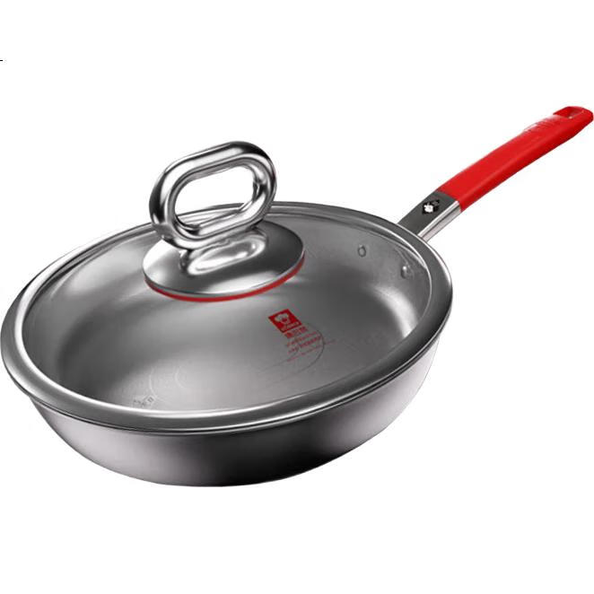 Сковорода KBH Zhen Titanium, 28см, без покрытия, из нержавеющей стали 316L, с крышкой, для индукционной плиты