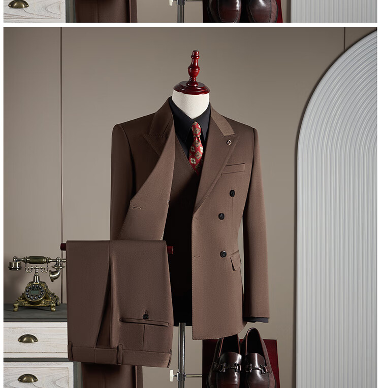 ROMON Men's Wool Suit Set Business Wedding Formalwear Brown Coffee M (Blazer + Vest + Trousers) 19