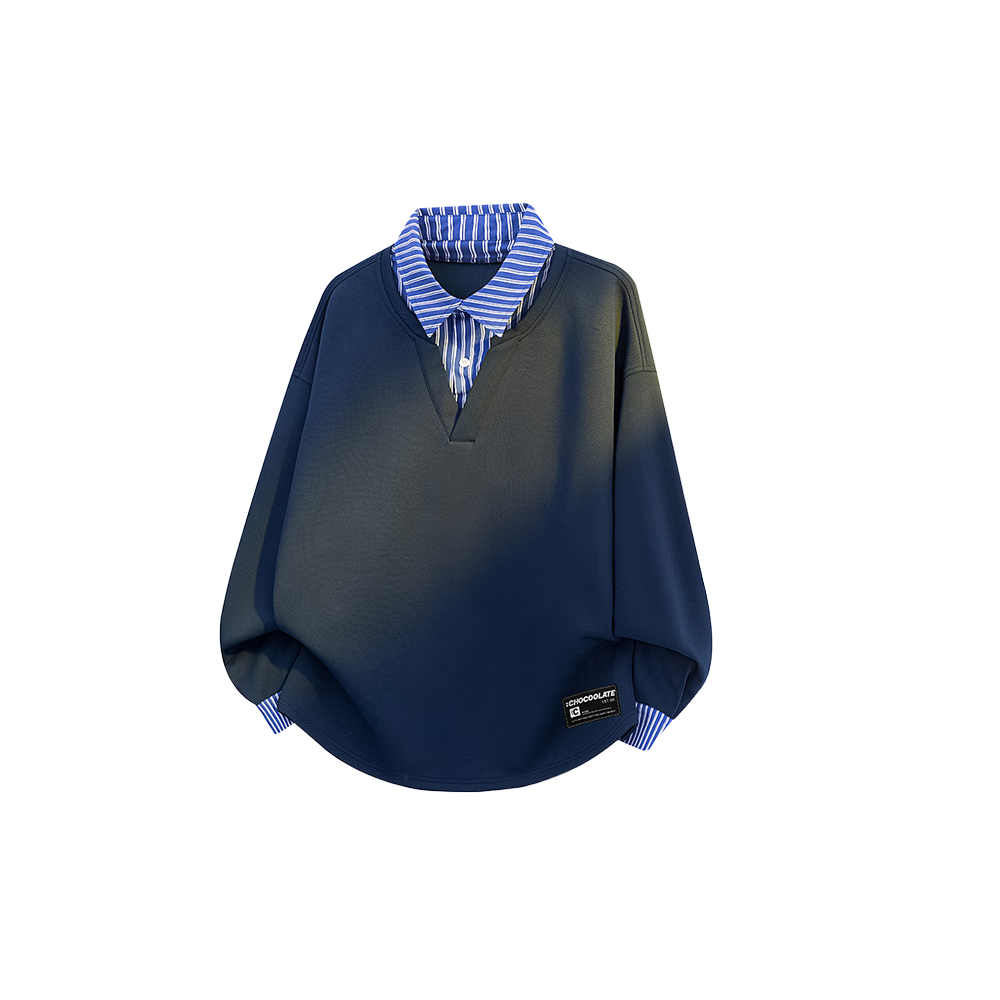 :CHOCOOLATE it Shirt Collar Faux Two-Piece Sweatshirt for Men, Autumn New Style Loose Long-Sleeve Polo Shirt T-Shirt Trendy Navy Blue L