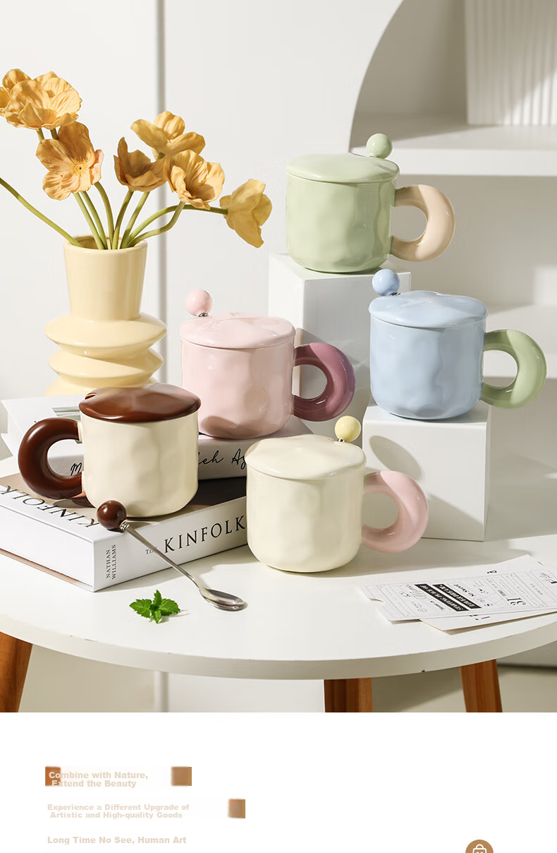 JIWUSENLIN Ceramic Mug with Spoon And Lid, Coffee Cup, Couple's Tea Cup, Dishwasher Safe, Yellow, 420ml 5