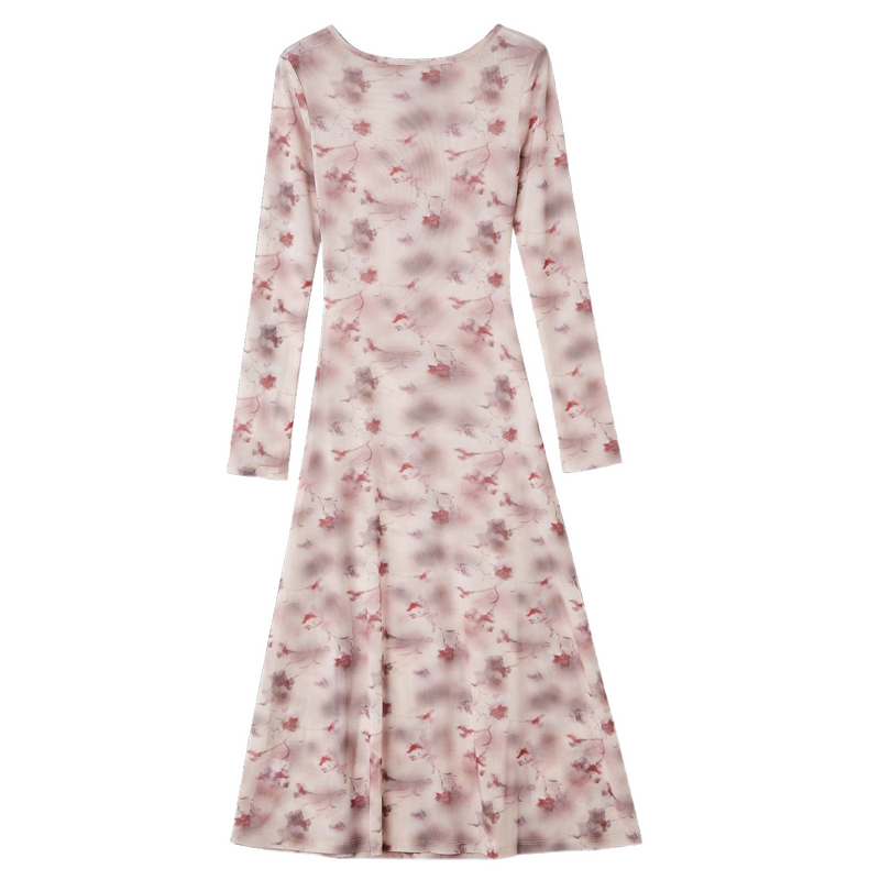 MT [Floral Concerto] Spring Gentle Style Printed Round Neck Dress with Camisole Waist Cinching Stretch Long Dress for Women
