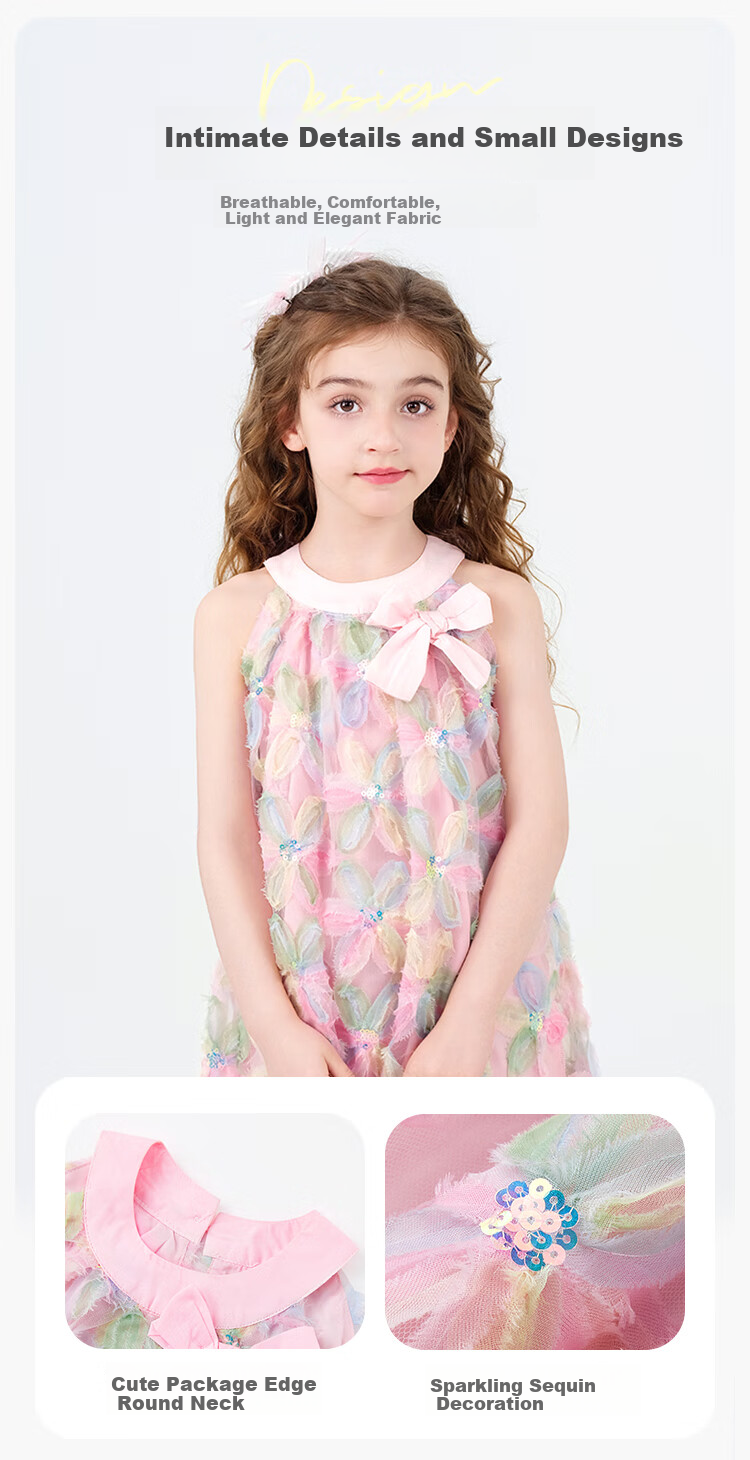 Disney Girls' Princess Dress, Summer Beach Vacation Style, Sleeveless Dress, Girls' One-Piece Dress, Bow Tie, Pink, Size 110 4