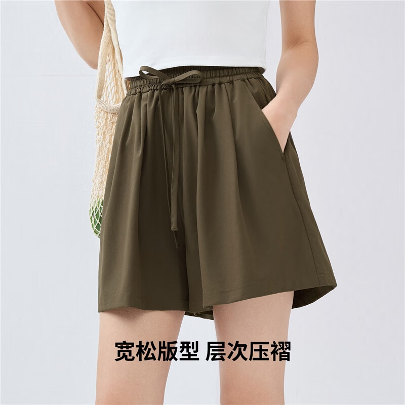 Giordano Women's Casual Shorts, Summer New Style, Pleated Lightweight Pants, Elastic Waist Wide-Leg Shorts for Women, 05405308