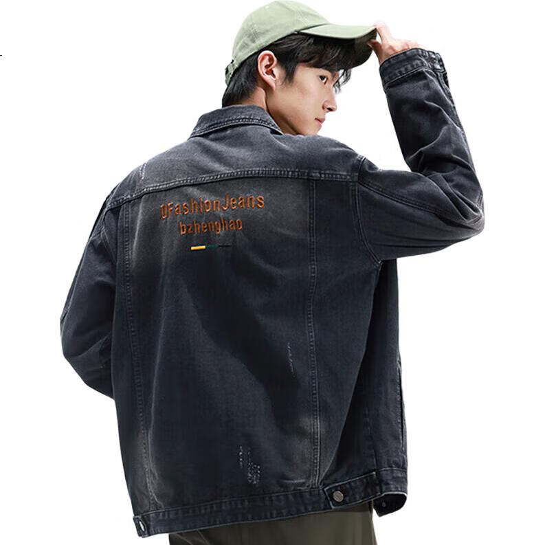 Мужская джинсовая куртка Jeanswest, коллекция Весна 2026, модная, дышащая, с вышивкой, черная и серая, размер 3XL