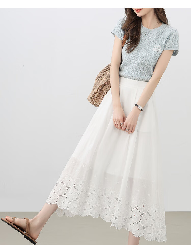 Shangdu Bila Pure Cotton High-Waist Hollow Embroidered White A-Line Midi Skirt for Women Summer Vacation Slim Fit Skirt 20