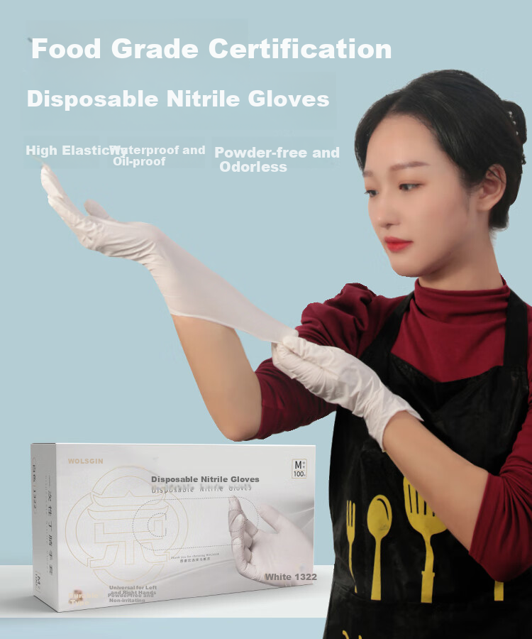 WOLSGIN Disposable Gloves, Nitrile Gloves, 100 Pieces, Small Size, Rubber, Food-Grade, Thickened, Durable, Kitchen Protection, White 1