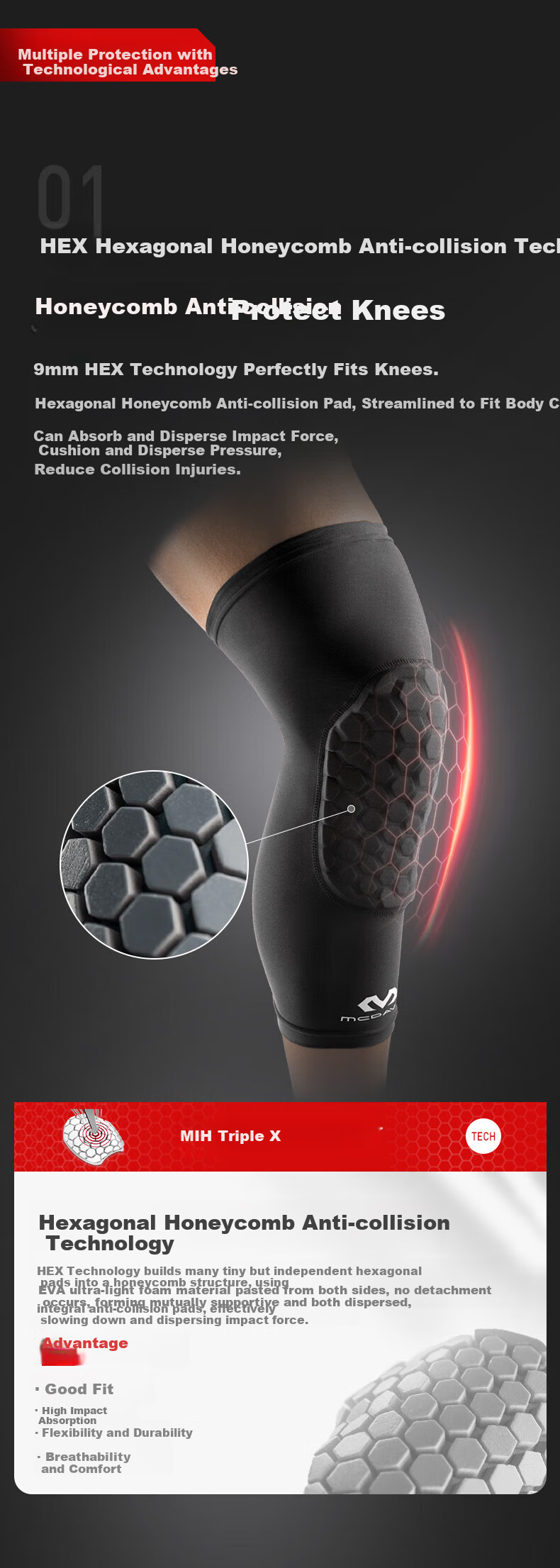 McDavid Owen's Choice Knee Pads, Honeycomb Anti-Collision High-Elasticity Tight-Fitting Quick-Dry Sweat-Wicking Calf Guards 6446 Black L 4