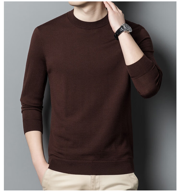 Hengyuanxiang Men's Fine-Spun Washable Round Neck Pure Wool Sweater, Versatile Knitted Base Layer T-Shirt for Commuting And Everyday Wear 4