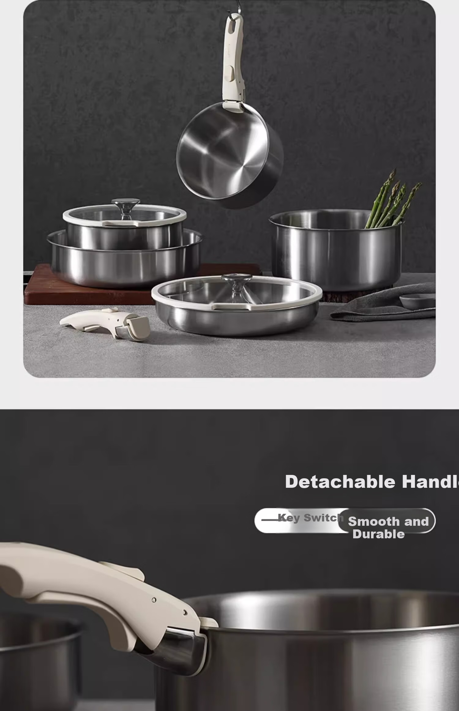 Carote Stainless Steel Detachable Handle Pan Cookware Frying Stir-Fry Non-Stick Coating-Free Steak Pan Set 4