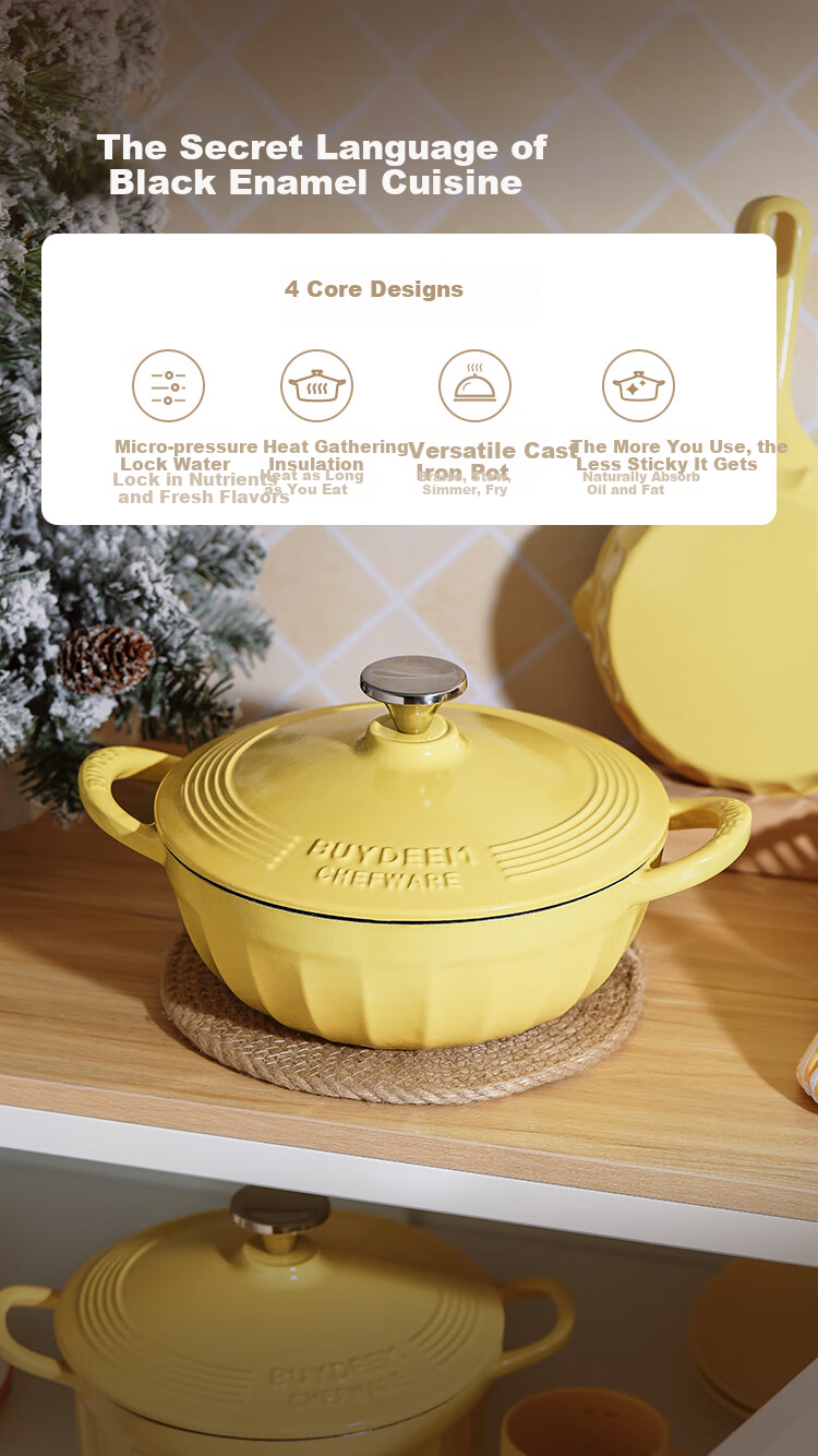 Buydeem [JINGDONG Exclusive] Enamel Cast Iron Pot Braising Stew Pot for Induction Cooker And Gas Stove, Black Enamel 24cm Small Goose Yellow 3