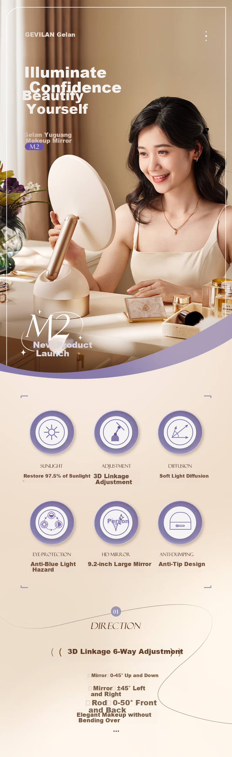 GEVILAN 3D Linkage Makeup Mirror with LED Light, Smart Illumination, Desktop Vanity Table, High-Definition Lighting Mirror, Gift for Girlfriend, Wife, Best Friend, Birthday And Wedding Present M2 White 2