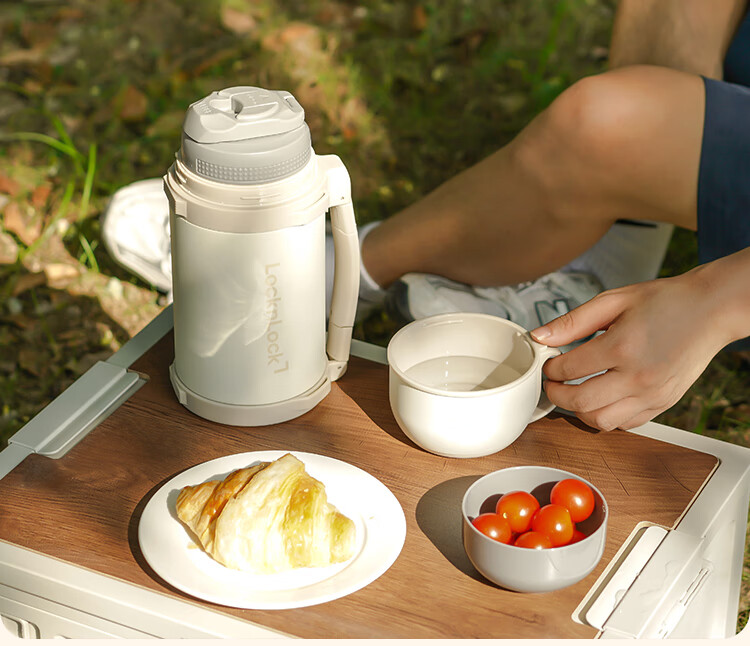 LOCK&LOCK Large Capacity Insulated Bottle, Outdoor Travel Camping Stainless Steel Portable Car-Mounted Handheld Thermos, 2L Ivory White 2