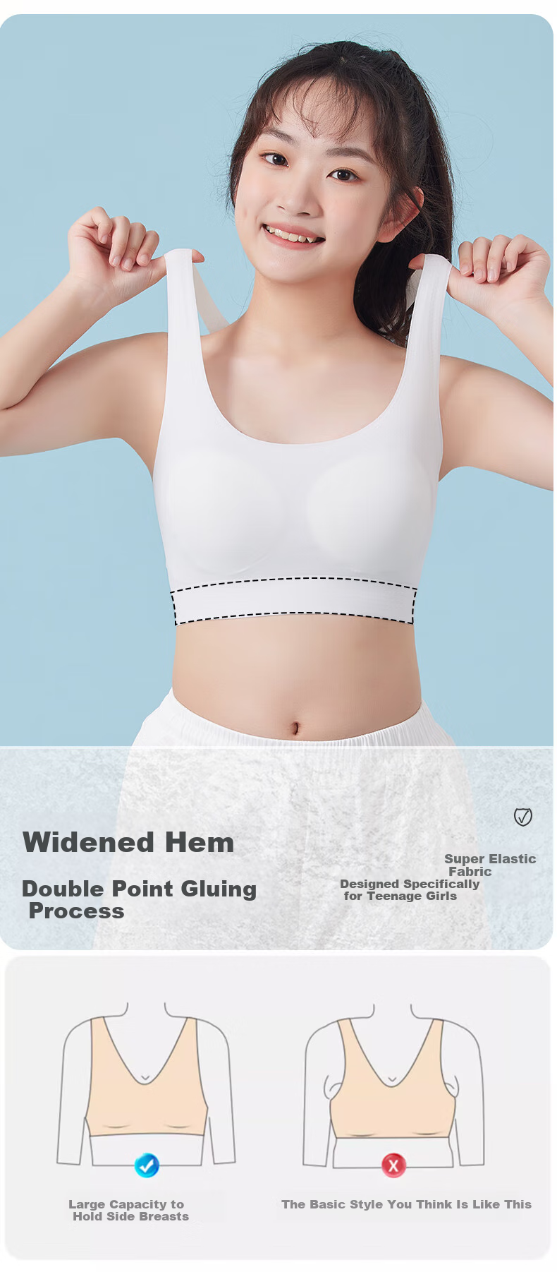 Modaier 2-Piece Set of Girls' Underwear, Student Sports Bra, Anti-Shock Bra for Middle And High School Students in Puberty, Small Vest White + Blue 14