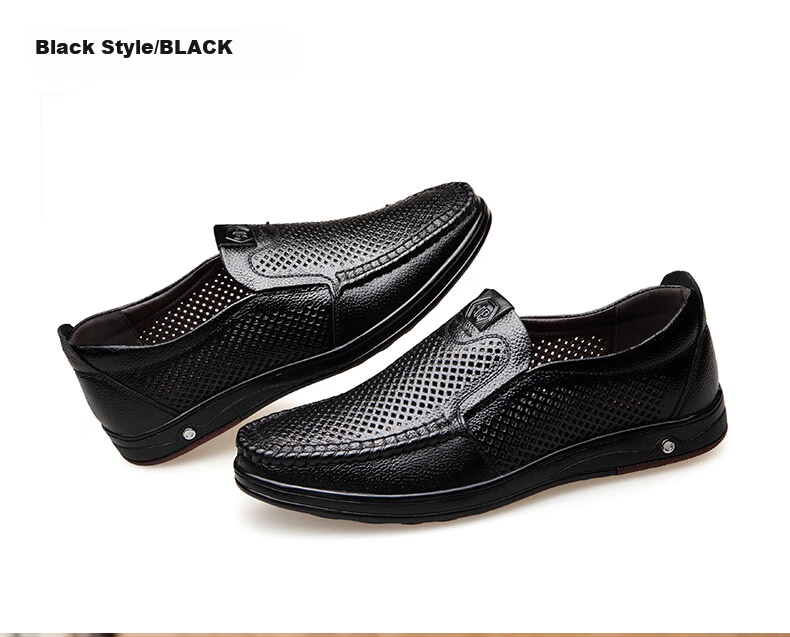 MEXICAN Business Casual Top-Grain Leather Shoes, Men's Formal Shoes, Hollow Breathable Slip-On Loafers, Large Size Shoes, Black, Size 41 9